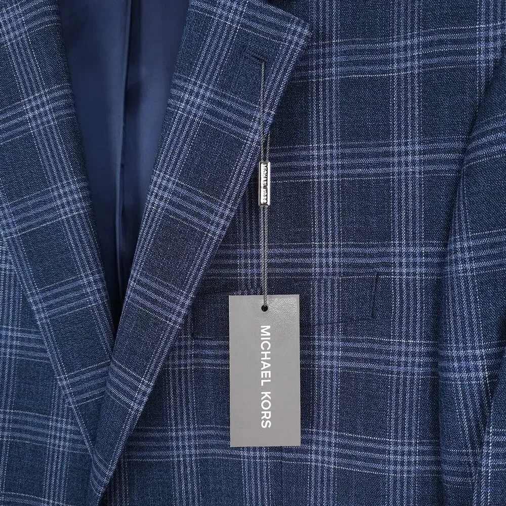 Michael Kors Mens Classic Fit Sport Coat Blazer 42L Blue Plaid Stretch NWT